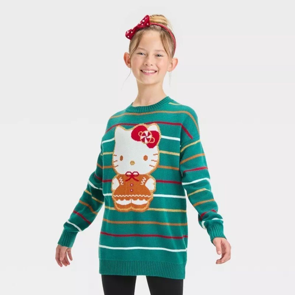 Sanrio Hello Kitty Green Striped Gingerbread Kitty Knit Ugly Christmas Sweater M